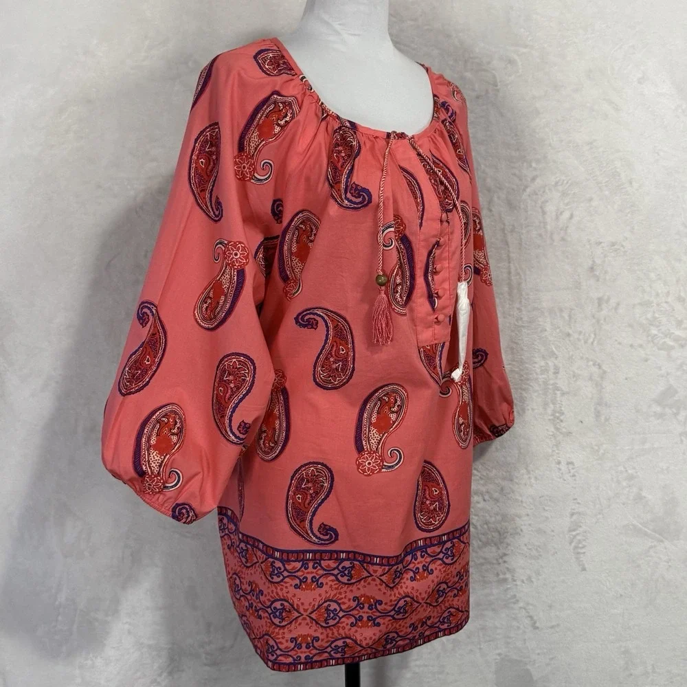 Liz Claiborne Coral Paisley Boho Blouse Top 1X Colorful‎ Resort Summer Shirt